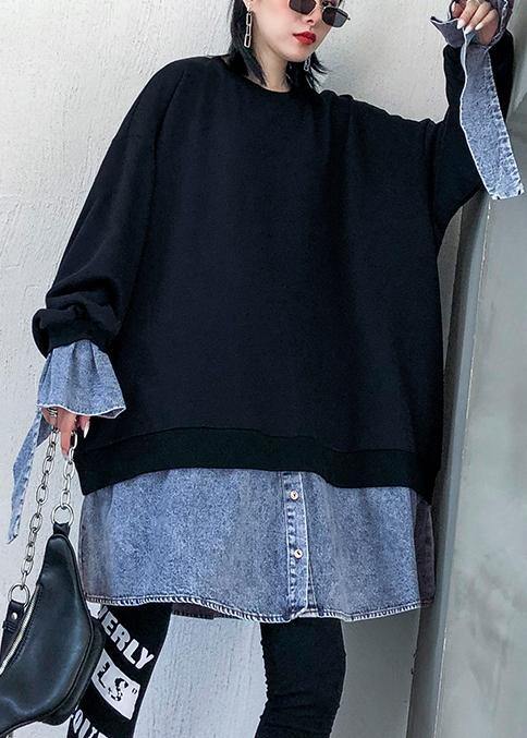 French O Neck False Two Pieces Box Top Photography Black Shirt