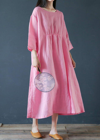 French O Neck Half Sleeve Linen Outfit Design Pink Dress