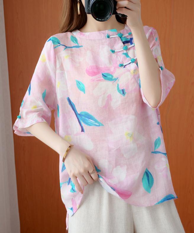 French O Neck Half Sleeve Summer Shirts Pink Print Shirt
