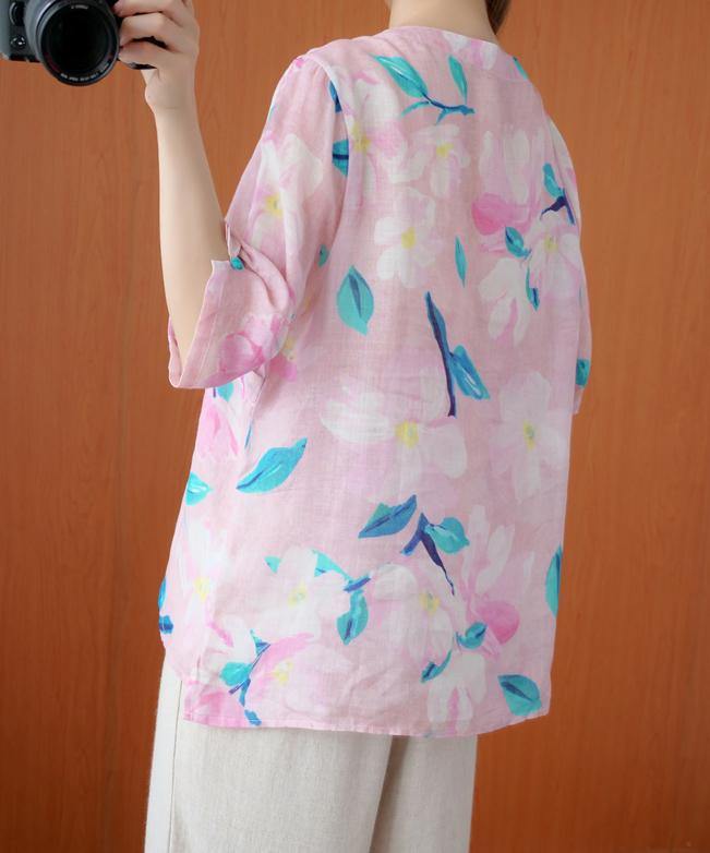French O Neck Half Sleeve Summer Shirts Pink Print Shirt