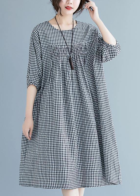French O Neck Lantern Sleeve Clothes for Pattern Black Plaid Dresses Summer