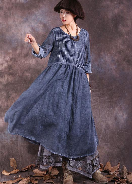 French O Neck Linen Cotton Clothes for Sewing Blue Cinched Dresses Summer