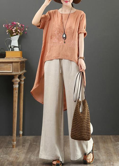French O Neck Low High Design Cotton Blouse Orange Embroidery Short Shirt