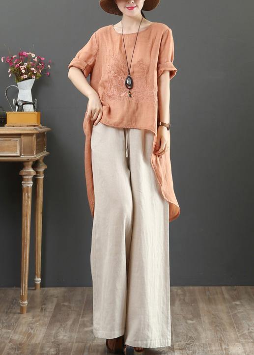 French O Neck Low High Design Cotton Blouse Orange Embroidery Short Shirt