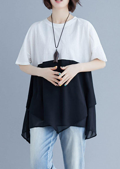 French O Neck Patchwork Chiffon Shirts Inspiration White Shirt Summer