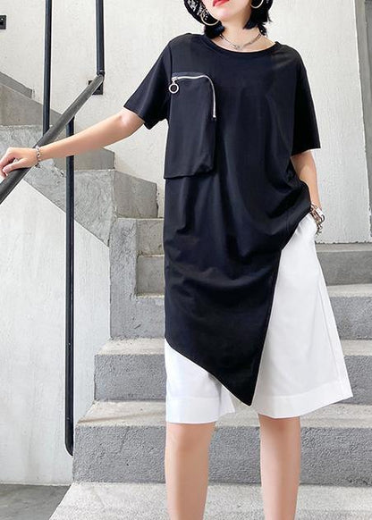 French O Neck Patchwork Cotton Top Sewing Black Shirts