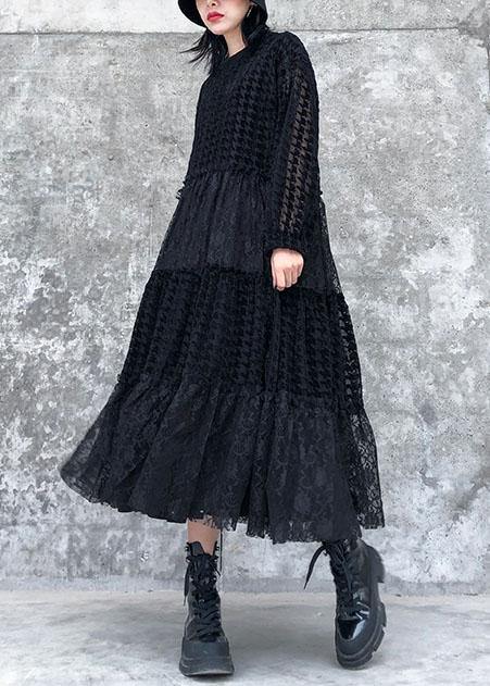 French O Neck Patchwork Lace Clothes Photography Black Long Dresses