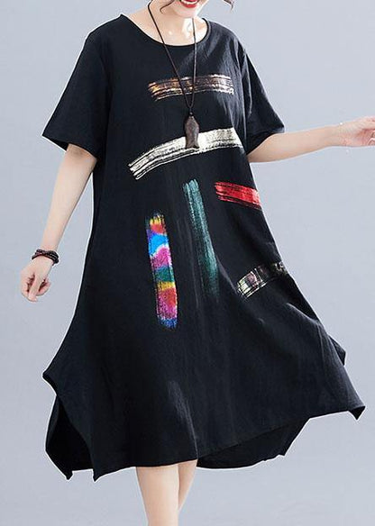 French O Neck Pockets Cotton Clothes Black Print Dresses Summer