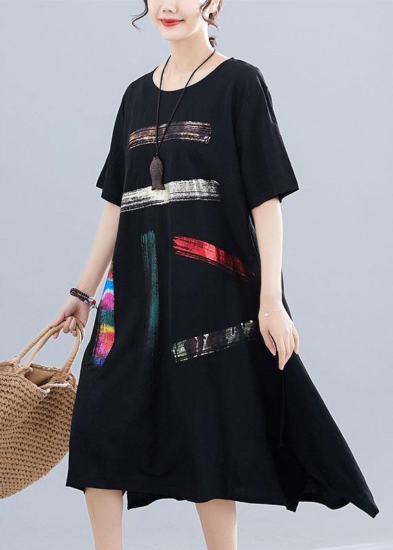 French O Neck Pockets Cotton Clothes Black Print Dresses Summer