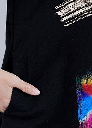 French O Neck Pockets Cotton Clothes Black Print Dresses Summer