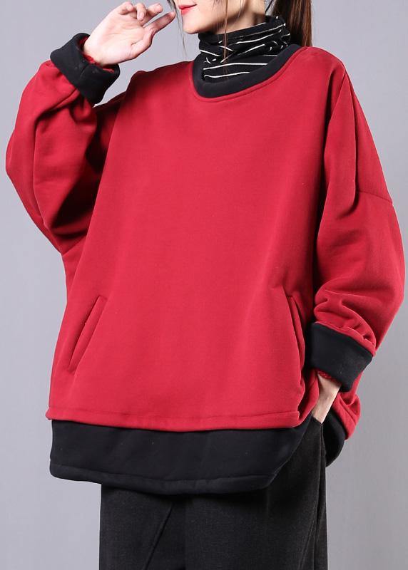 French O Neck Pockets Cotton Box Top Sewing Red Tops