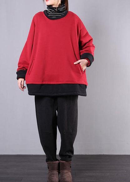 French o neck pockets cotton box top Sewing red tops