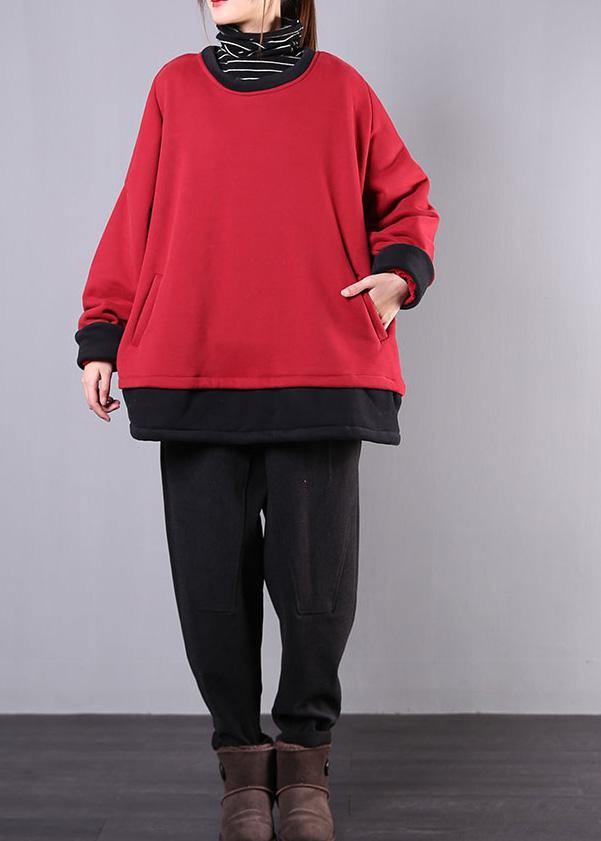 French O Neck Pockets Cotton Box Top Sewing Red Tops