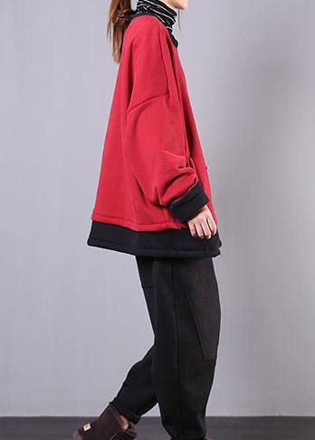 French O Neck Pockets Cotton Box Top Sewing Red Tops