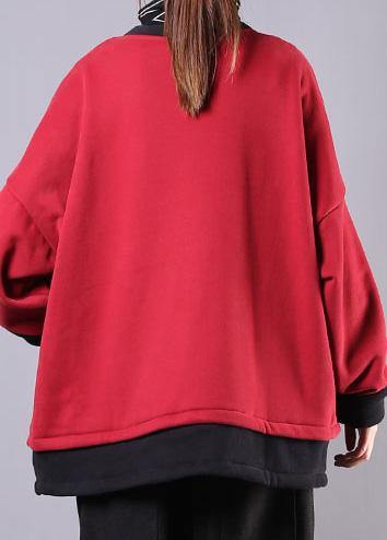 French O Neck Pockets Cotton Box Top Sewing Red Tops