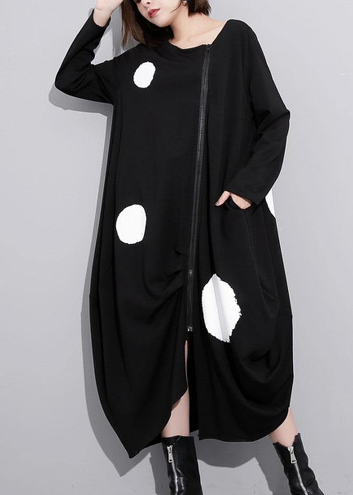 French O Neck Pockets Cotton Clothes Tunic Tops Black Dotted Long Dress