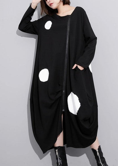 French O Neck Pockets Cotton Clothes Tunic Tops Black Dotted Long Dress