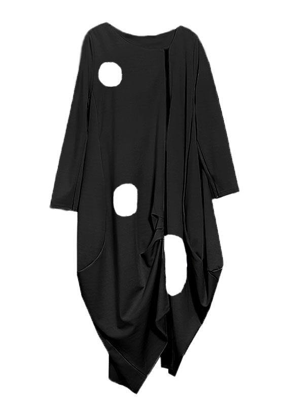 French O Neck Pockets Cotton Clothes Tunic Tops Black Dotted Long Dress