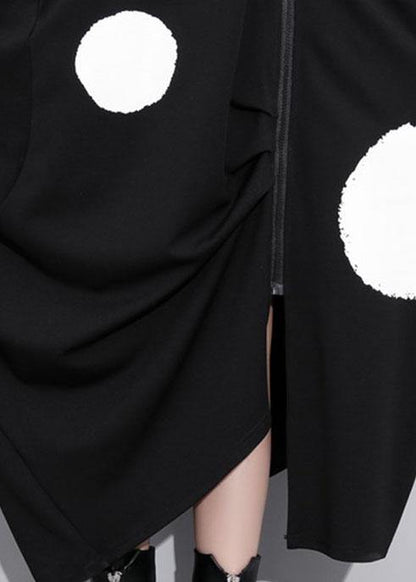French O Neck Pockets Cotton Clothes Tunic Tops Black Dotted Long Dress