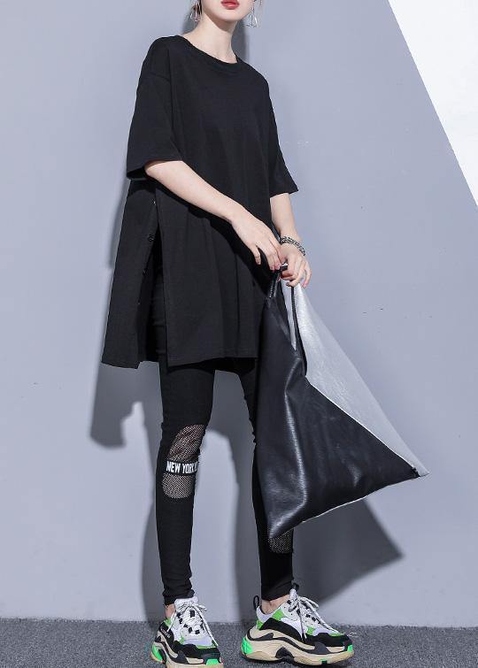 French O Neck Side Open Cotton Tops Photography Black Blouse Summer