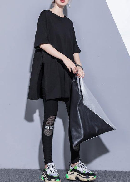 French O Neck Side Open Cotton Tops Photography Black Blouse Summer