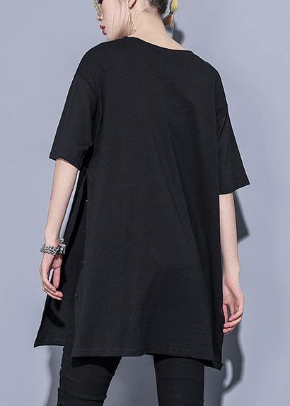 French O Neck Side Open Cotton Tops Photography Black Blouse Summer