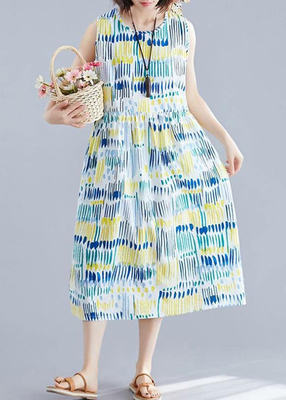 French O Neck Sleeveless Cotton Clothes for Inspiration Blue Striped Dresses