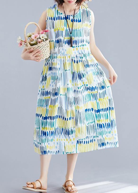 French O Neck Sleeveless Cotton Clothes for Inspiration Blue Striped Dresses