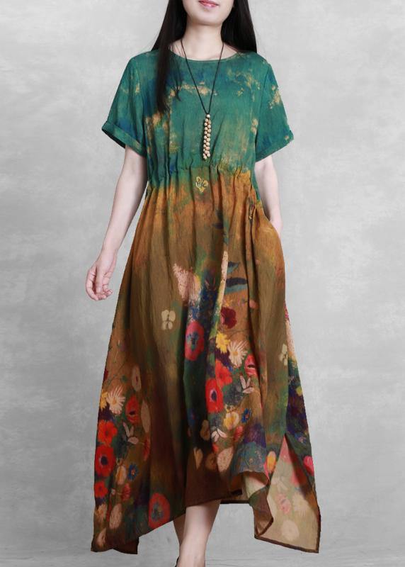 French O Neck Summer Dress Yellow Green Print Dress