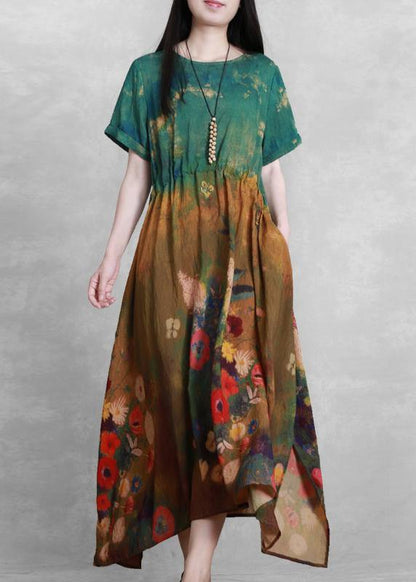 French O Neck Summer Dress Yellow Green Print Dress