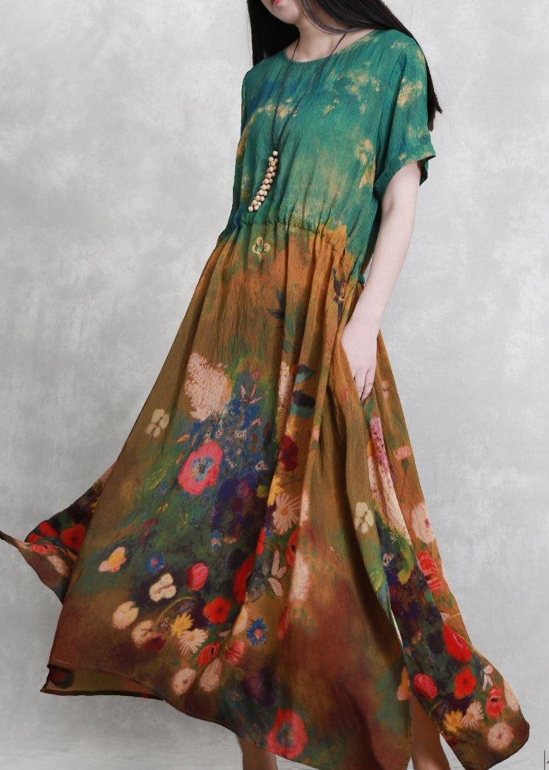 French O Neck Summer Dress Yellow Green Print Dress