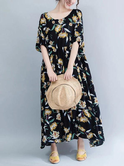 French O Neck Cinched Chiffon Tunics Runway Black Print Maxi Dresses