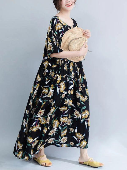French O Neck Cinched Chiffon Tunics Runway Black Print Maxi Dresses