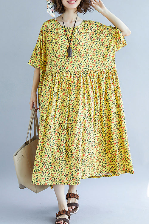 French O Neck Cinched Cotton Dress Design Yellow Print a Line Dresses Summer