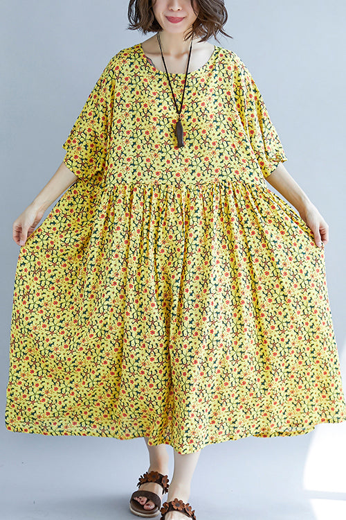 French O Neck Cinched Cotton Dress Design Yellow Print a Line Dresses Summer