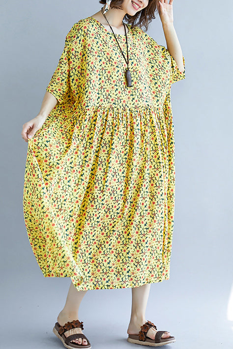 French O Neck Cinched Cotton Dress Design Yellow Print a Line Dresses Summer