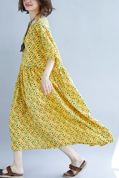 French O Neck Cinched Cotton Dress Design Yellow Print a Line Dresses Summer