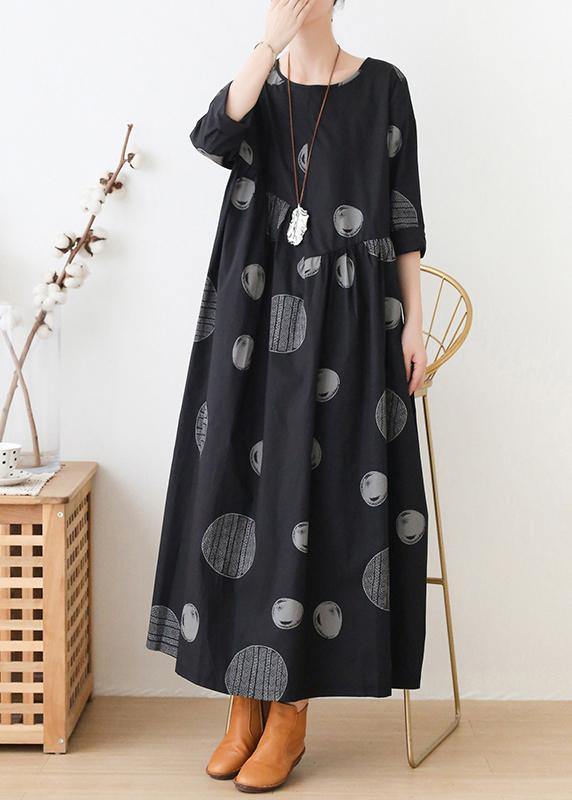 French O Neck Cinched Dresses Neckline Black Dotted Maxi Dress