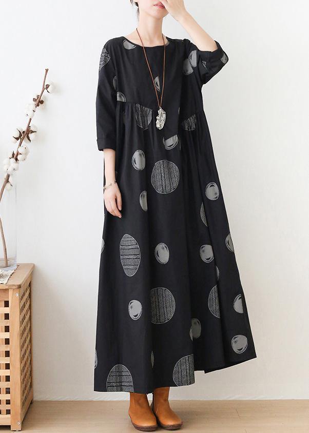 French O Neck Cinched Dresses Neckline Black Dotted Maxi Dress