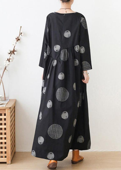 French O Neck Cinched Dresses Neckline Black Dotted Maxi Dress