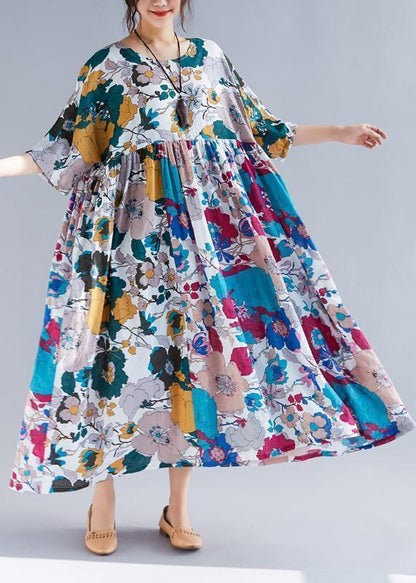 French O Neck Cinched Patchwork Chiffon Robes Pakistani Sleeve Print Maxi Dress Summer