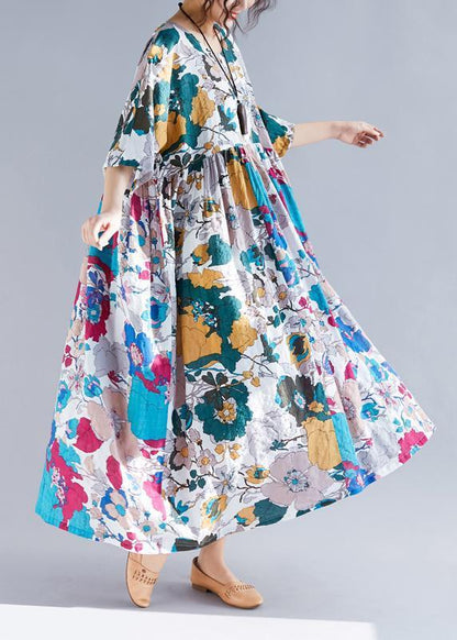 French O Neck Cinched Patchwork Chiffon Robes Pakistani Sleeve Print Maxi Dress Summer