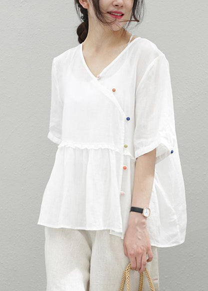 French Orange Linen Clothes O Neck Cinched Knee Blouse