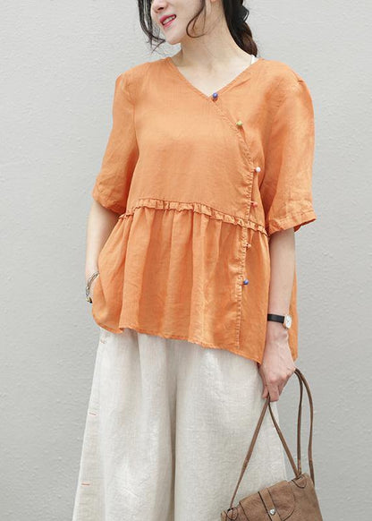 French Orange Linen Clothes O Neck Cinched Knee Blouse