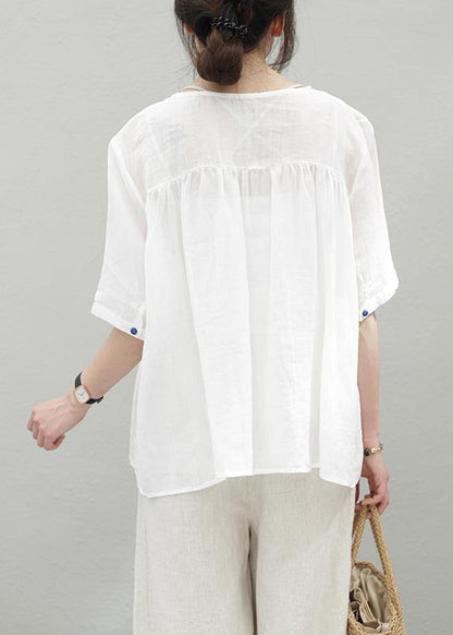 French Orange Linen Clothes O Neck Cinched Knee Blouse
