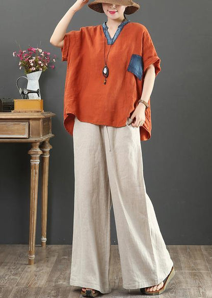 French Orange Linen Tops V Neck Pockets Silhouette Shirt