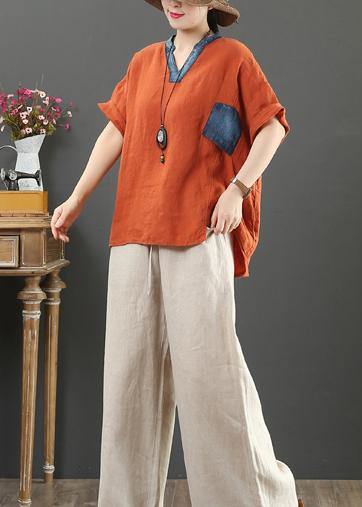 French Orange Linen Tops V Neck Pockets Silhouette Shirt