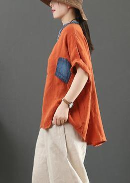 French Orange Linen Tops V Neck Pockets Silhouette Shirt