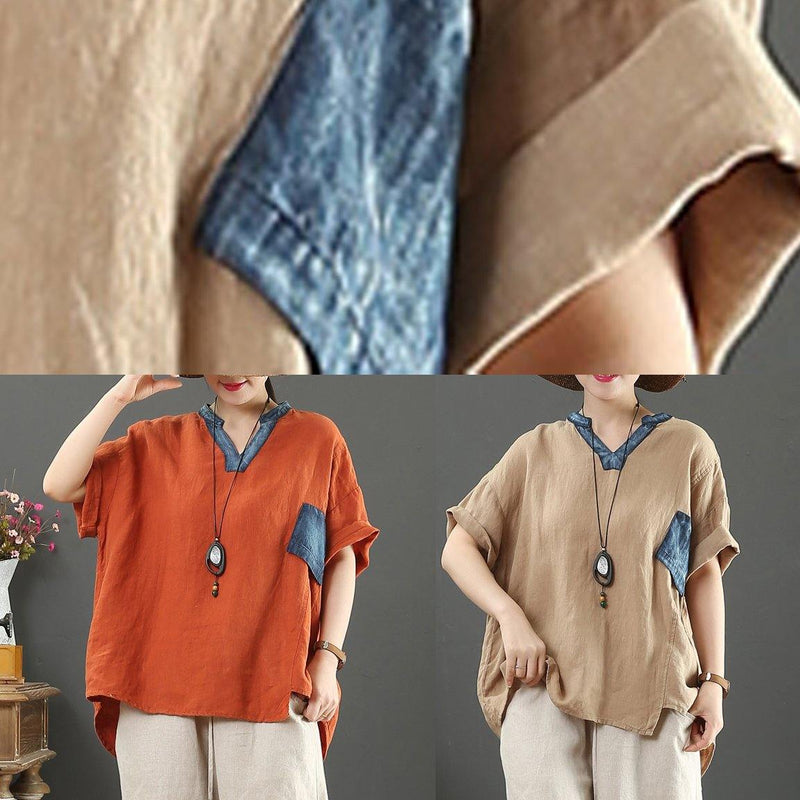 French Orange Linen Tops V Neck Pockets Silhouette Shirt