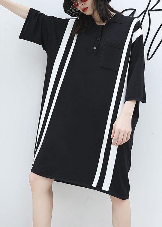 French Patchwork Big Pockets Cotton Clothes for Neckline Black Dress Summer